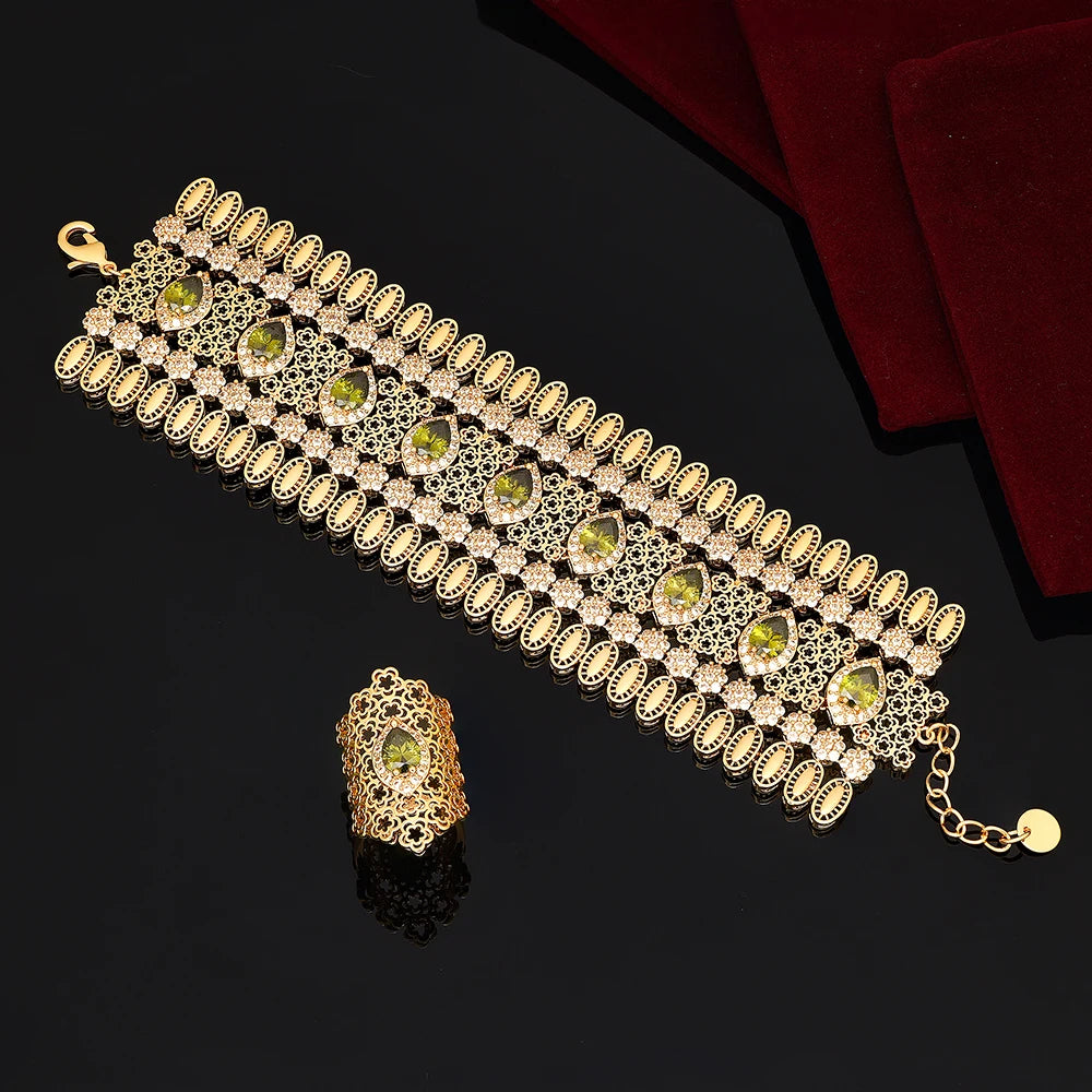 Golden 2 Piece Cuff Bangle & Ring Set Arabian Dubai Bridal Hand Jewelry