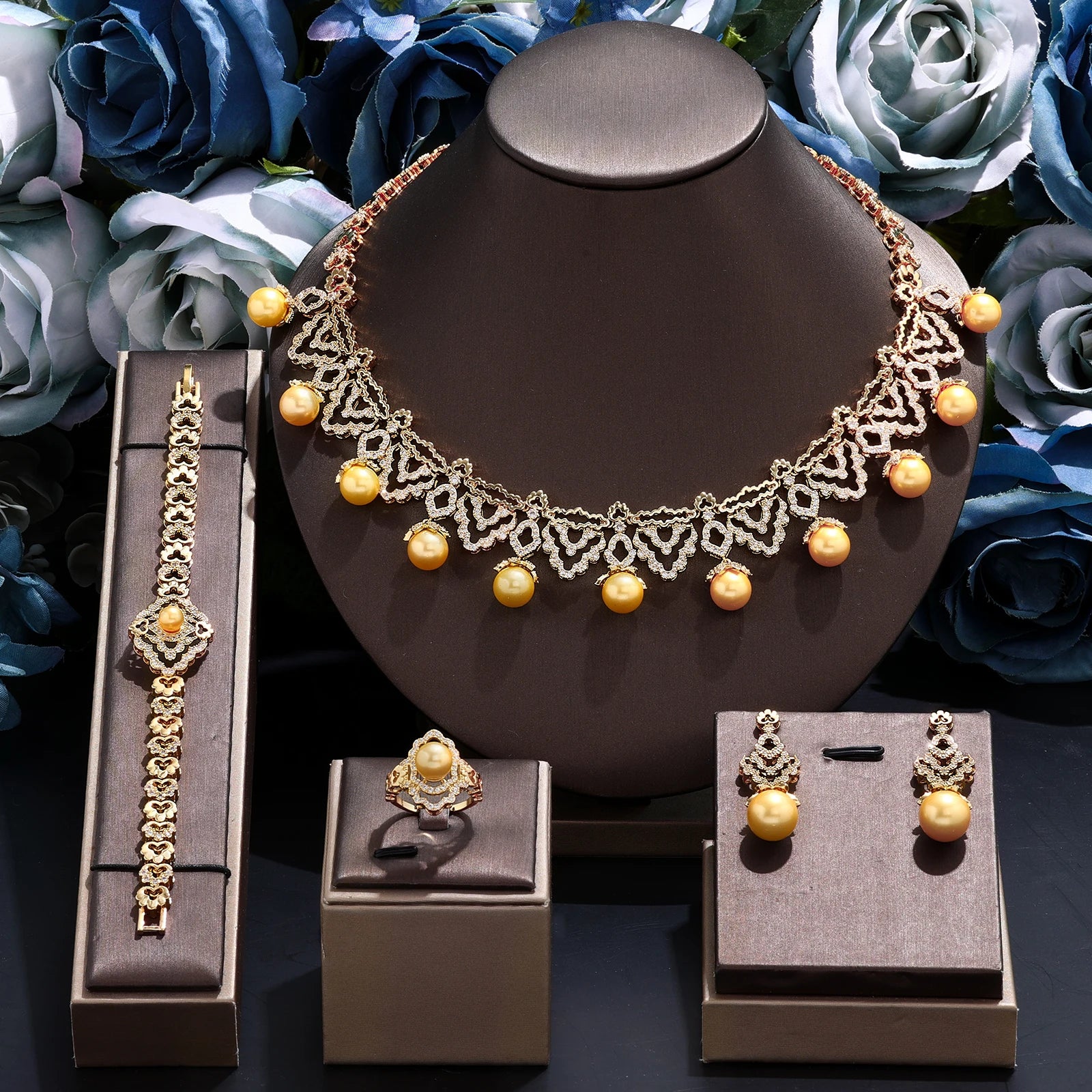 Luxury Dubai Gold Plated Pearl 4 Piece Jewelry Set