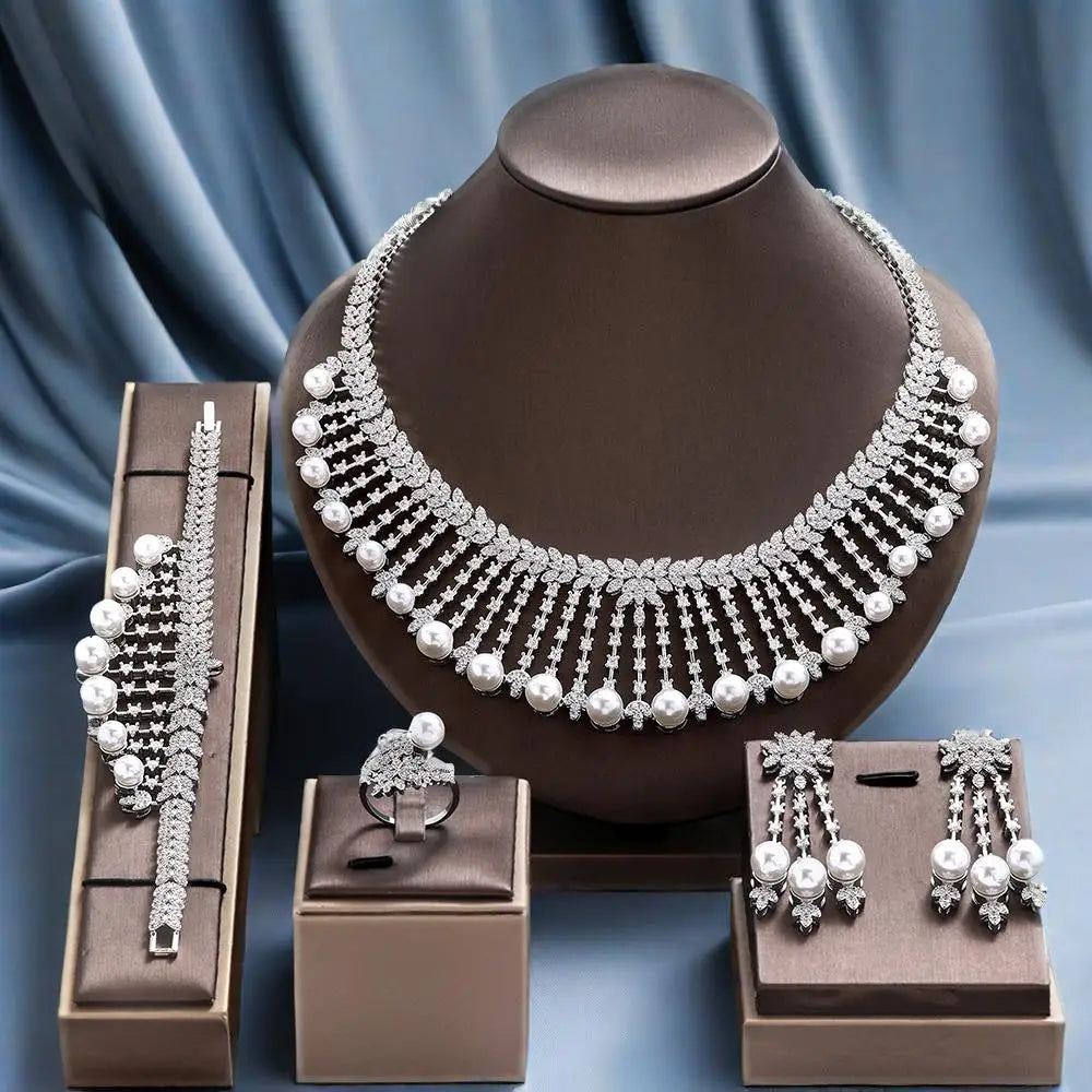 Elegant Pearl & CZ Bridal Jewelry Set 4 Piece Dubai Wedding Collection