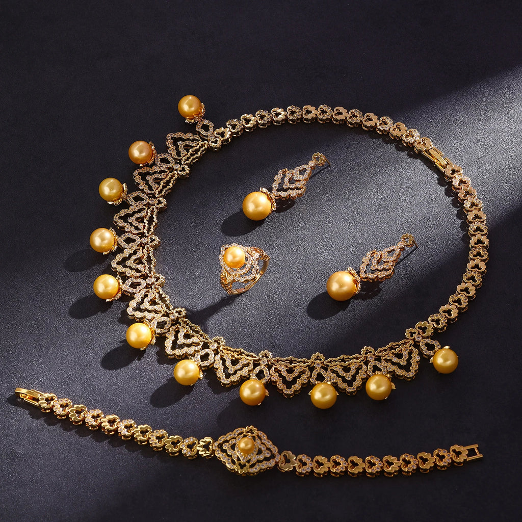 Luxury Dubai Gold Plated Pearl 4 Piece Jewelry Set
