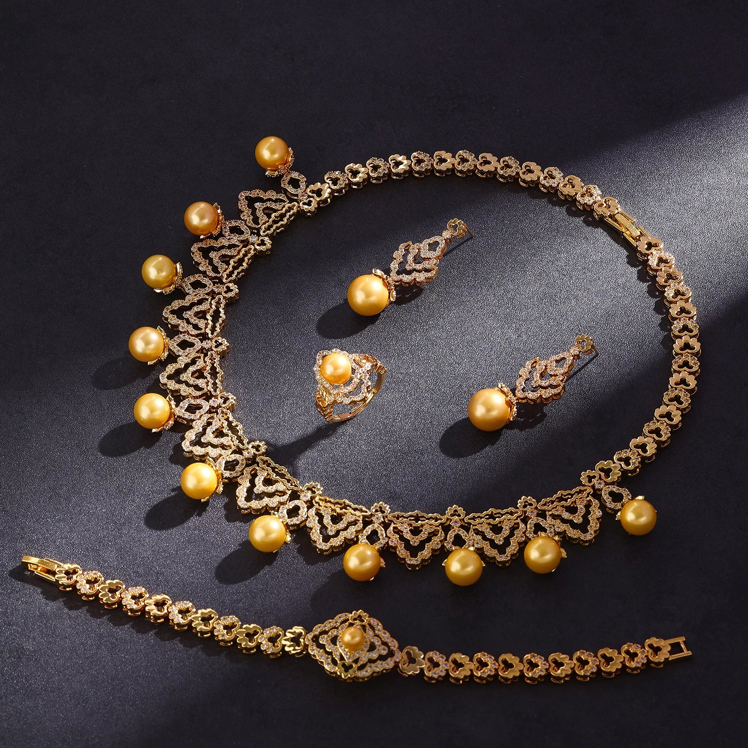 Luxury Dubai Gold Plated Pearl 4 Piece Jewelry Set