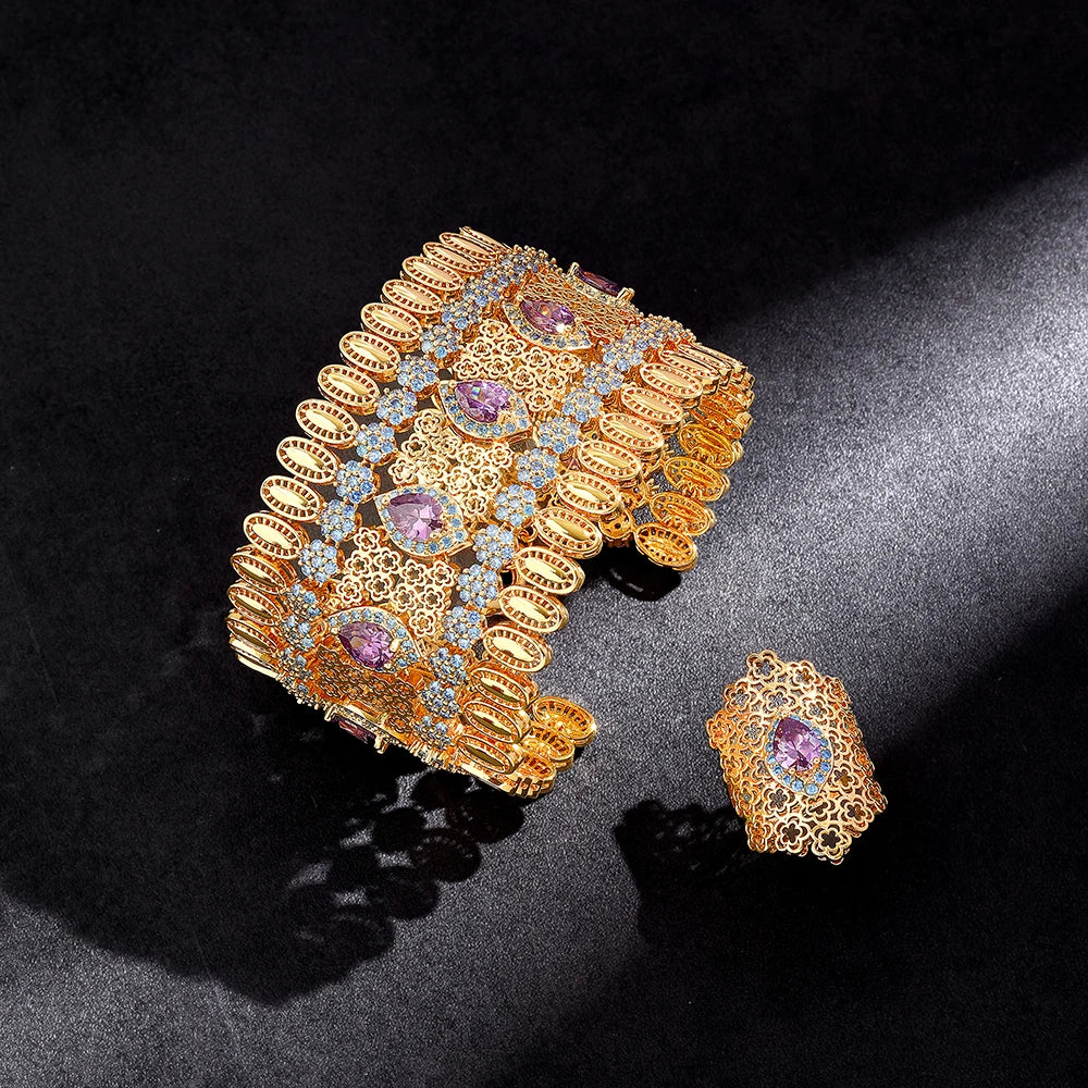 Golden 2 Piece Cuff Bangle & Ring Set Arabian Dubai Bridal Hand Jewelry