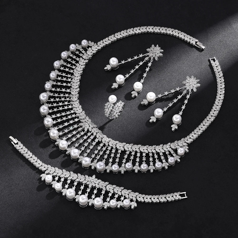 Elegant Pearl & CZ Bridal Jewelry Set 4 Piece Dubai Wedding Collection