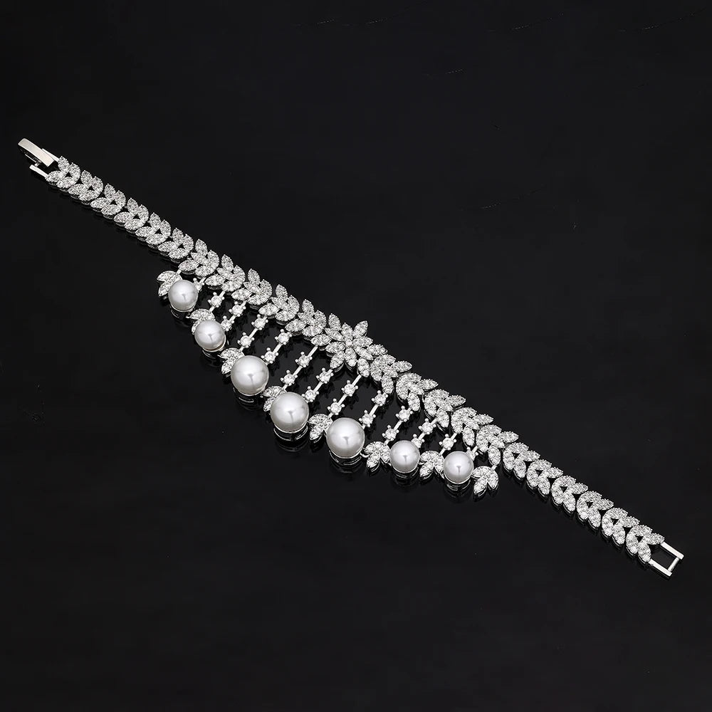 Elegant Pearl & CZ Bridal Jewelry Set 4 Piece Dubai Wedding Collection