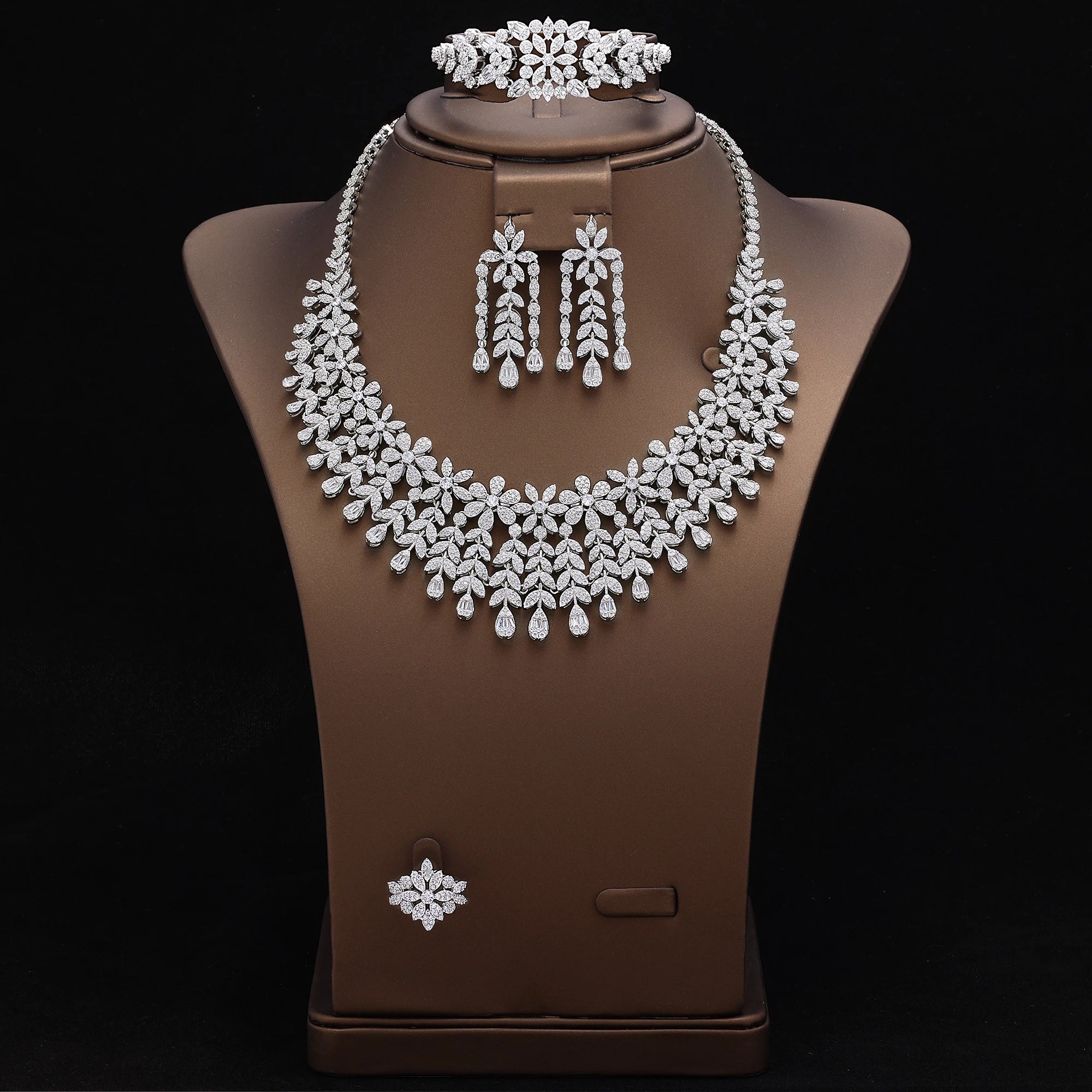 Luxury 4 Piece Flower Cubic Zirconia Bridal Jewelry Set