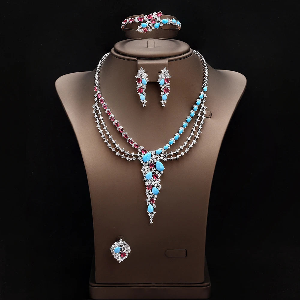 Luxury Turquoise Cubic Zirconia Bridal Jewelry Set