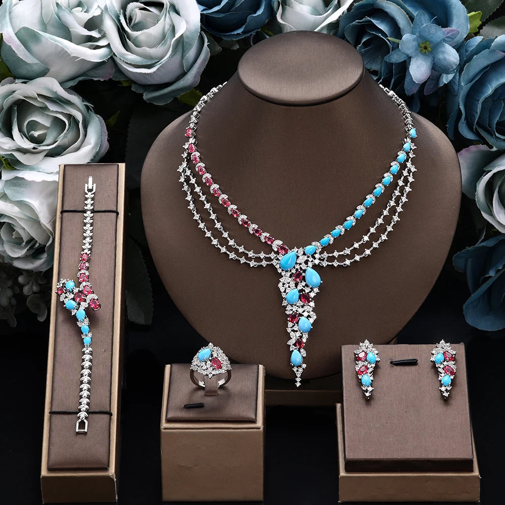 Luxury Turquoise Cubic Zirconia Bridal Jewelry Set