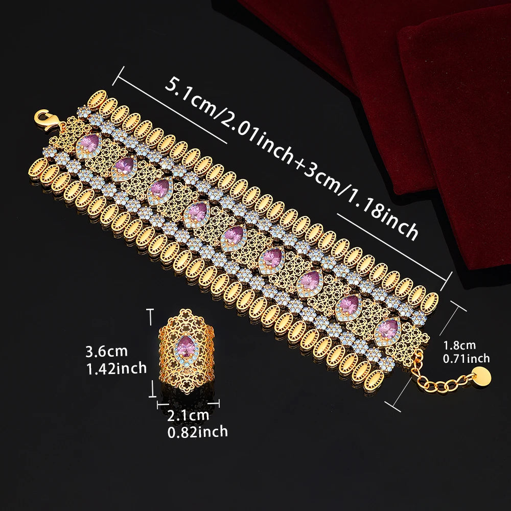 Golden 2 Piece Cuff Bangle & Ring Set Arabian Dubai Bridal Hand Jewelry