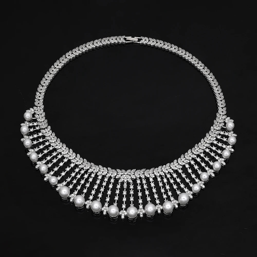 Elegant Pearl & CZ Bridal Jewelry Set 4 Piece Dubai Wedding Collection