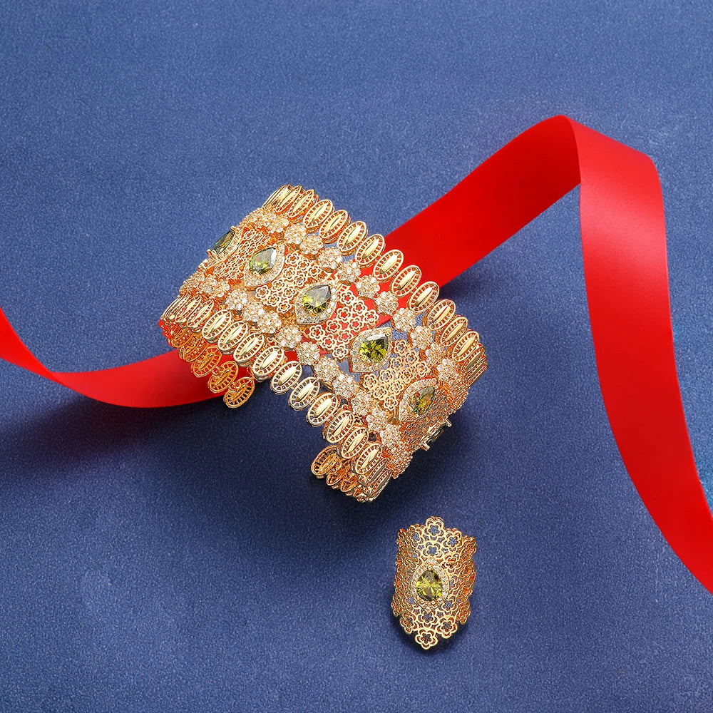 Golden 2 Piece Cuff Bangle & Ring Set Arabian Dubai Bridal Hand Jewelry
