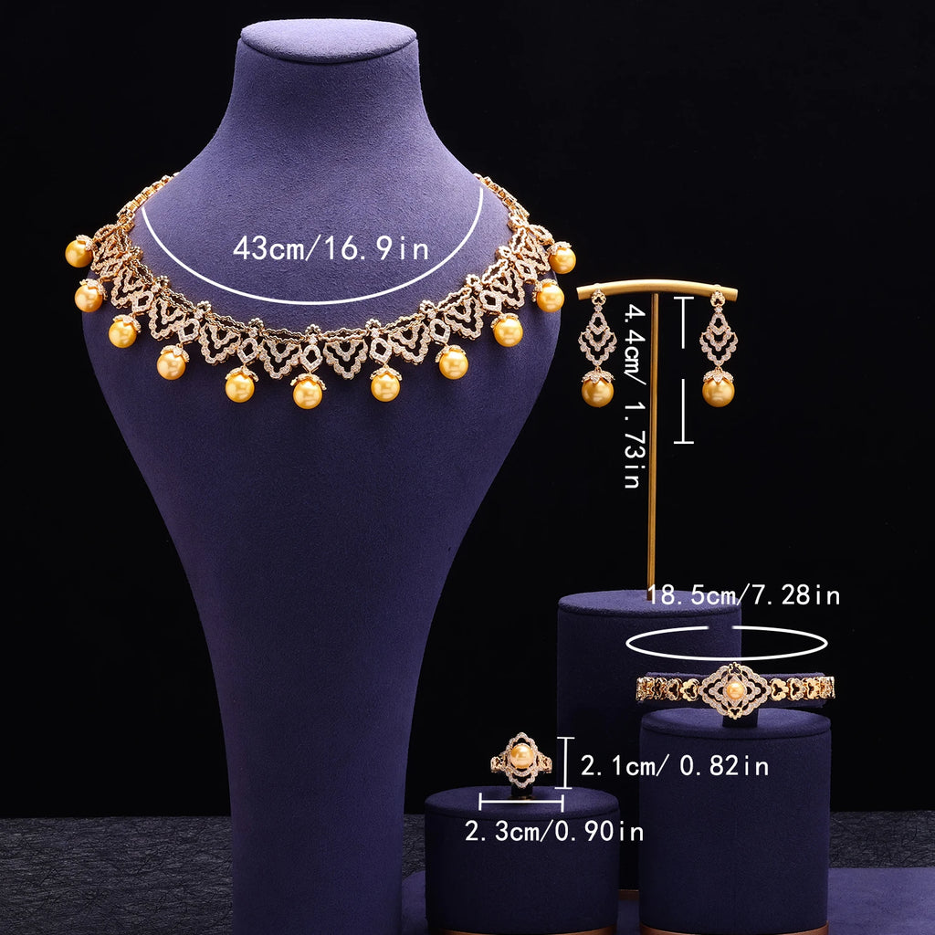 Luxury Dubai Gold Plated Pearl 4 Piece Jewelry Set