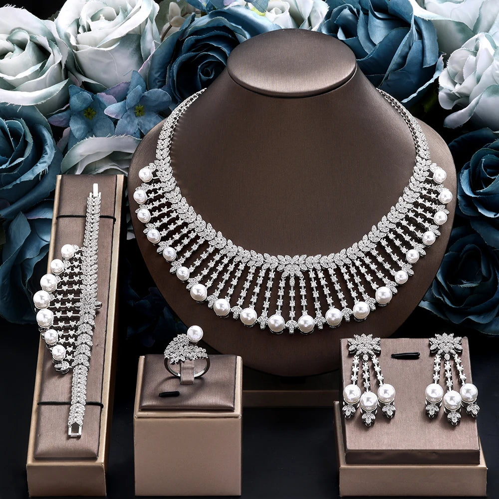 Elegant Pearl & CZ Bridal Jewelry Set 4 Piece Dubai Wedding Collection