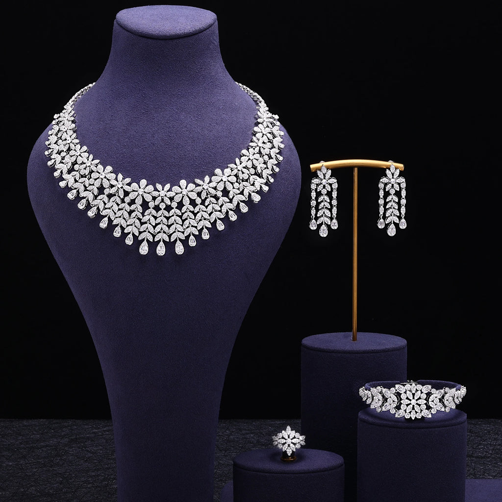 Luxury 4 Piece Flower Cubic Zirconia Bridal Jewelry Set