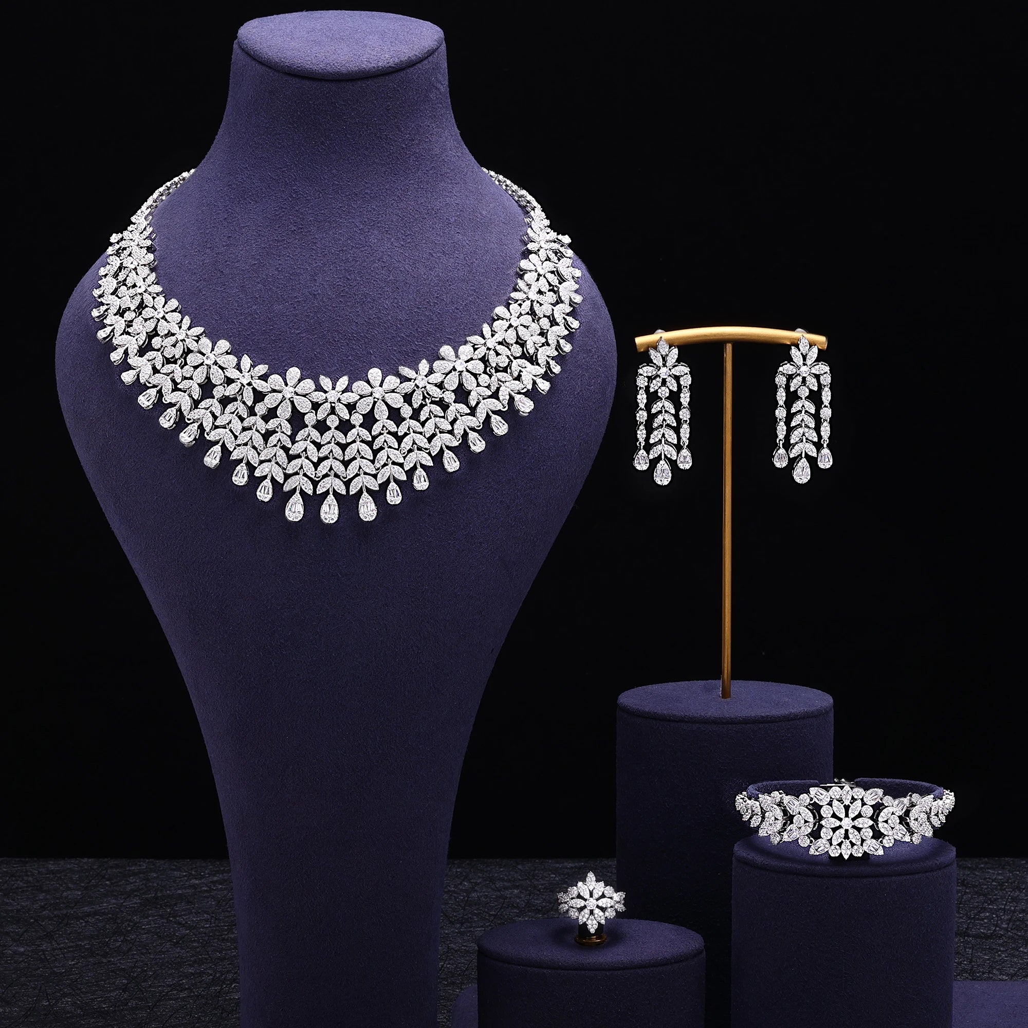 Luxury 4 Piece Flower Cubic Zirconia Bridal Jewelry Set