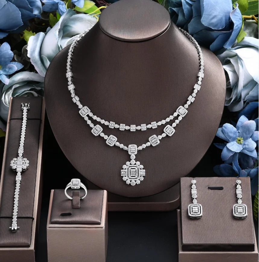 Luxury Zirconia Flower Pendant Bridal Jewelry Set