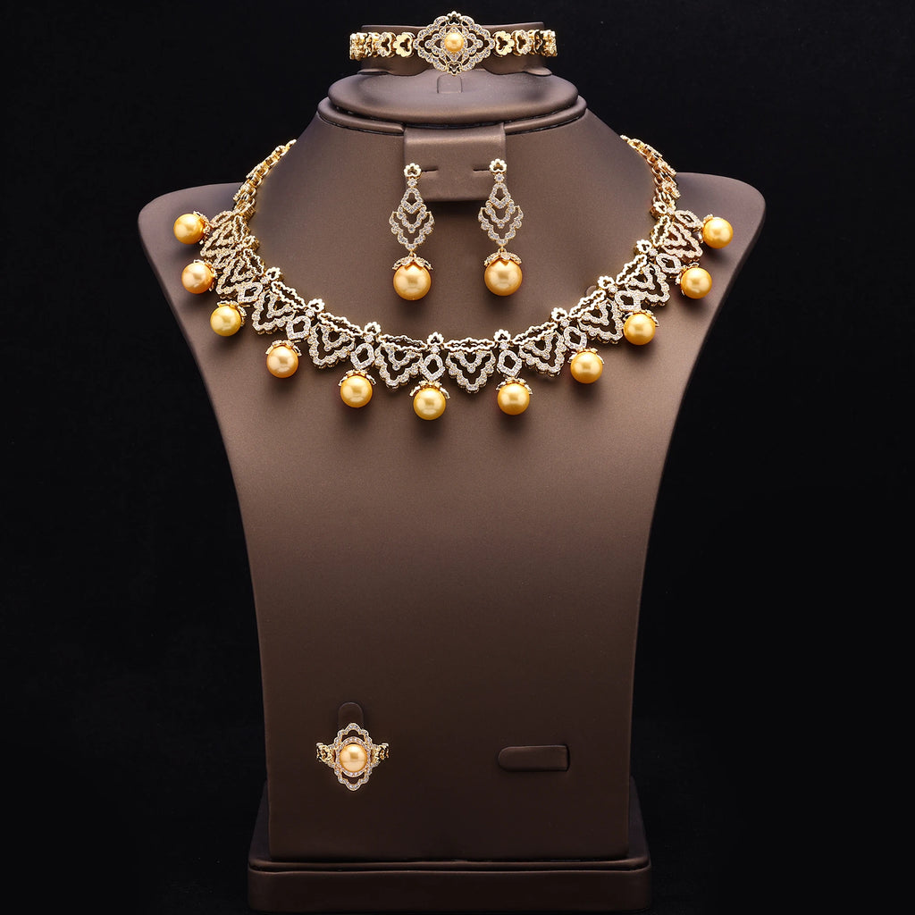 Luxury Dubai Gold Plated Pearl 4 Piece Jewelry Set