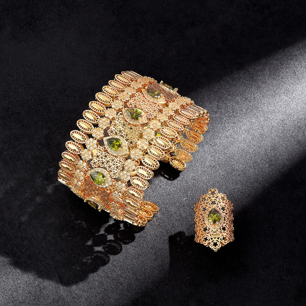 Golden 2 Piece Cuff Bangle & Ring Set Arabian Dubai Bridal Hand Jewelry